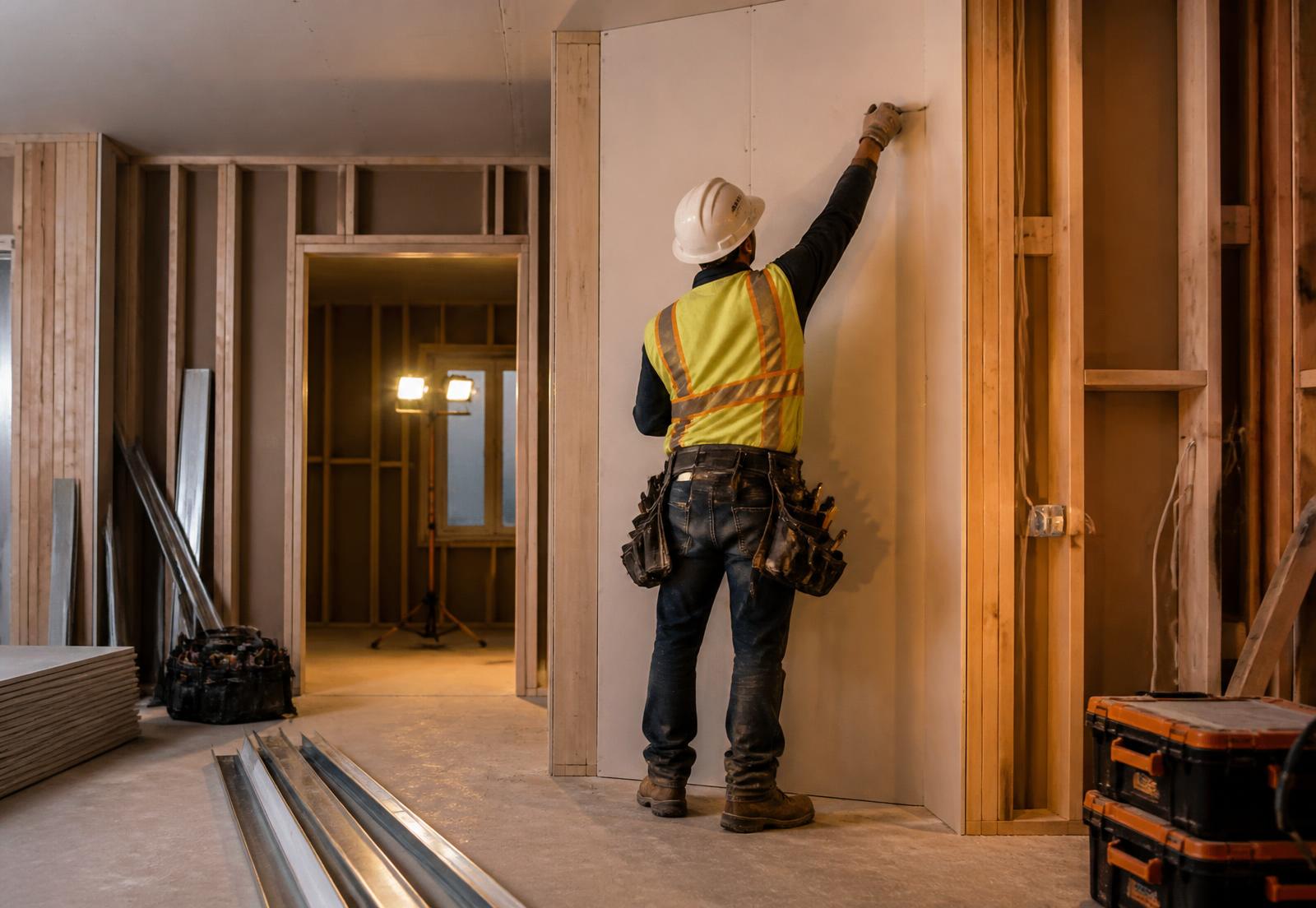 Crew member installing drywall during an apartment renovation